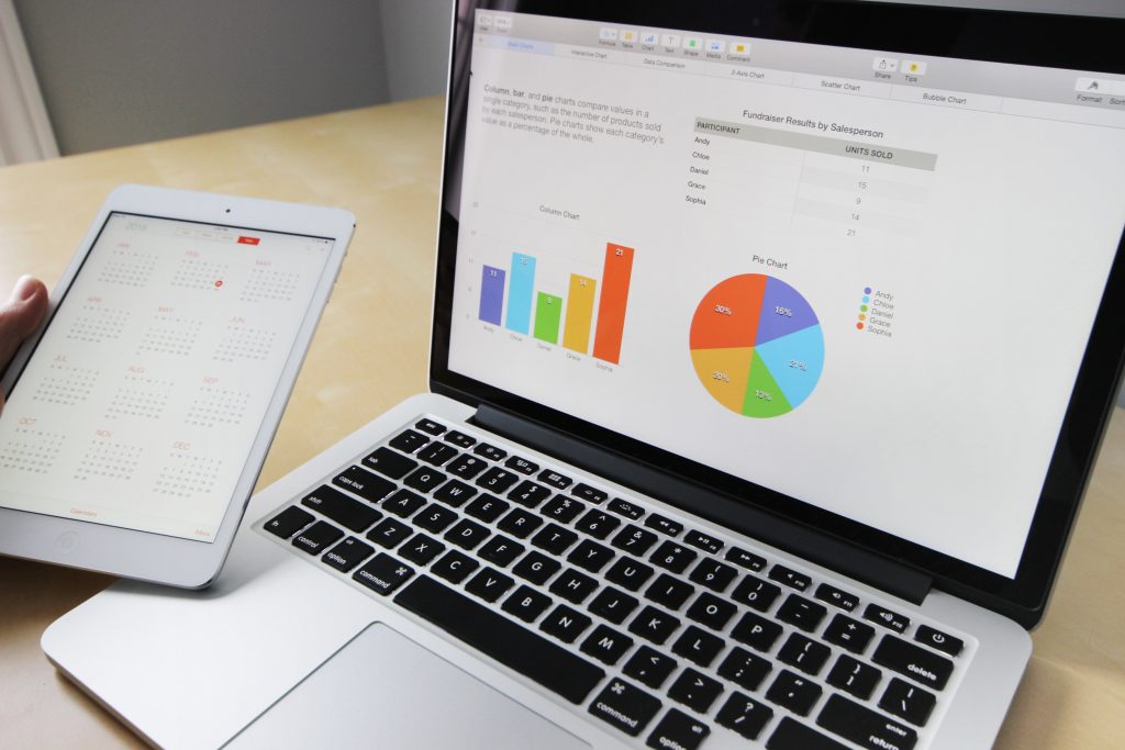 Pie charts and line graphs on the laptop screen